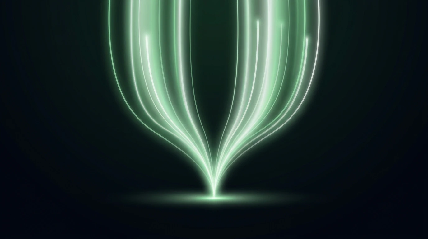 Abstract editorial illustration evoking the AI search era: streams of soft light converging into a single radiant point against a dark background