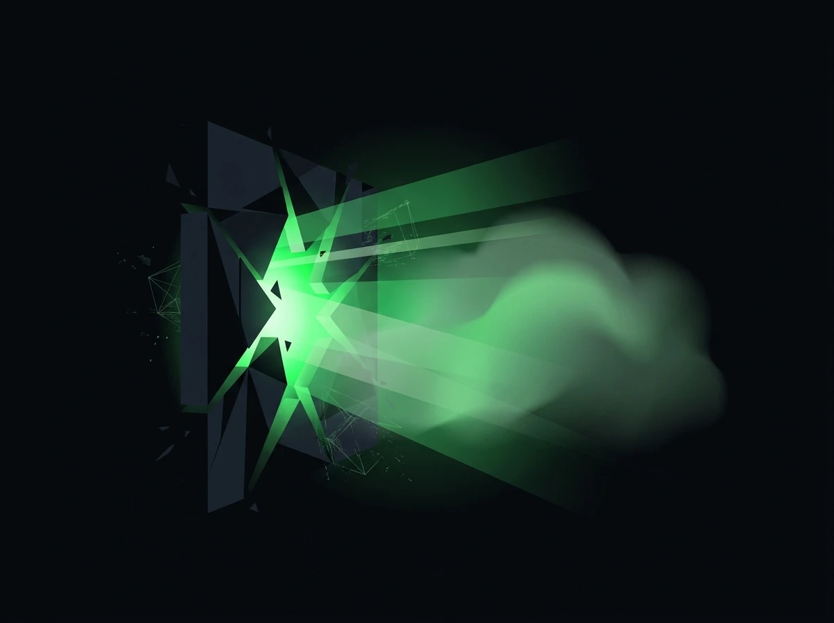 Abstract editorial illustration evoking the SEO penalty era: green light filtering through a darkened geometric barrier, hard edges meeting soft luminous glow