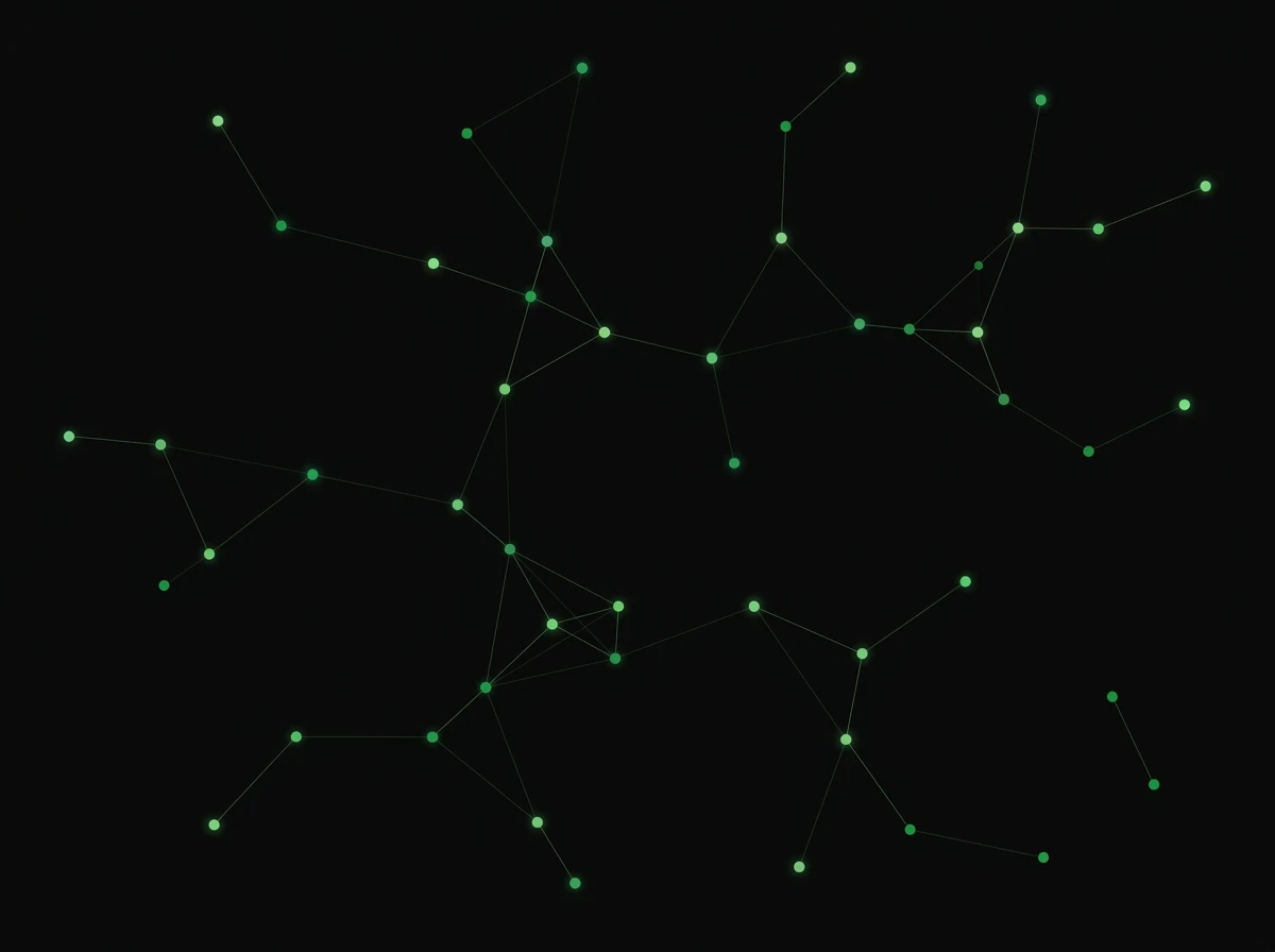 Abstract editorial illustration evoking the pre-Panda early web era: a sparse green constellation of glowing nodes connected by faint lines against deep black