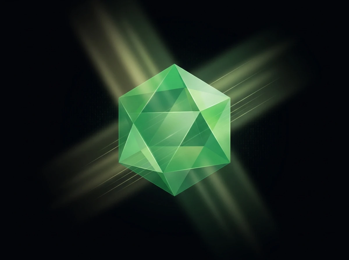 Abstract editorial illustration evoking the quality and expertise era: a polished green crystalline geometric form catching soft light against deep black, suggesting refinement and authoritativeness