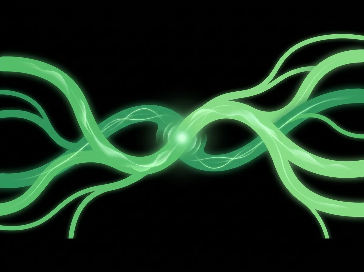 Abstract editorial illustration evoking the semantic search era: branching organic green pathways crossing and meeting against a deep black background, suggesting intent and meaning
