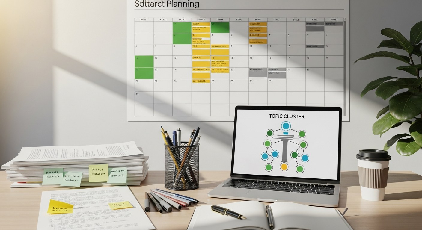 An editorial planning workspace in a sunlit Australian office. A wall planner on the back wall shows an abstract monthly content calendar with green, amber, and grey colour-coded blocks across the columns. A laptop on the desk displays an abstract topic-cluster diagram with one central pillar circle connected to eight smaller cluster circles. Beside the laptop: a stack of printed article drafts with margin notes, a fan of pens, an open notebook with a fountain pen, and a takeaway coffee.