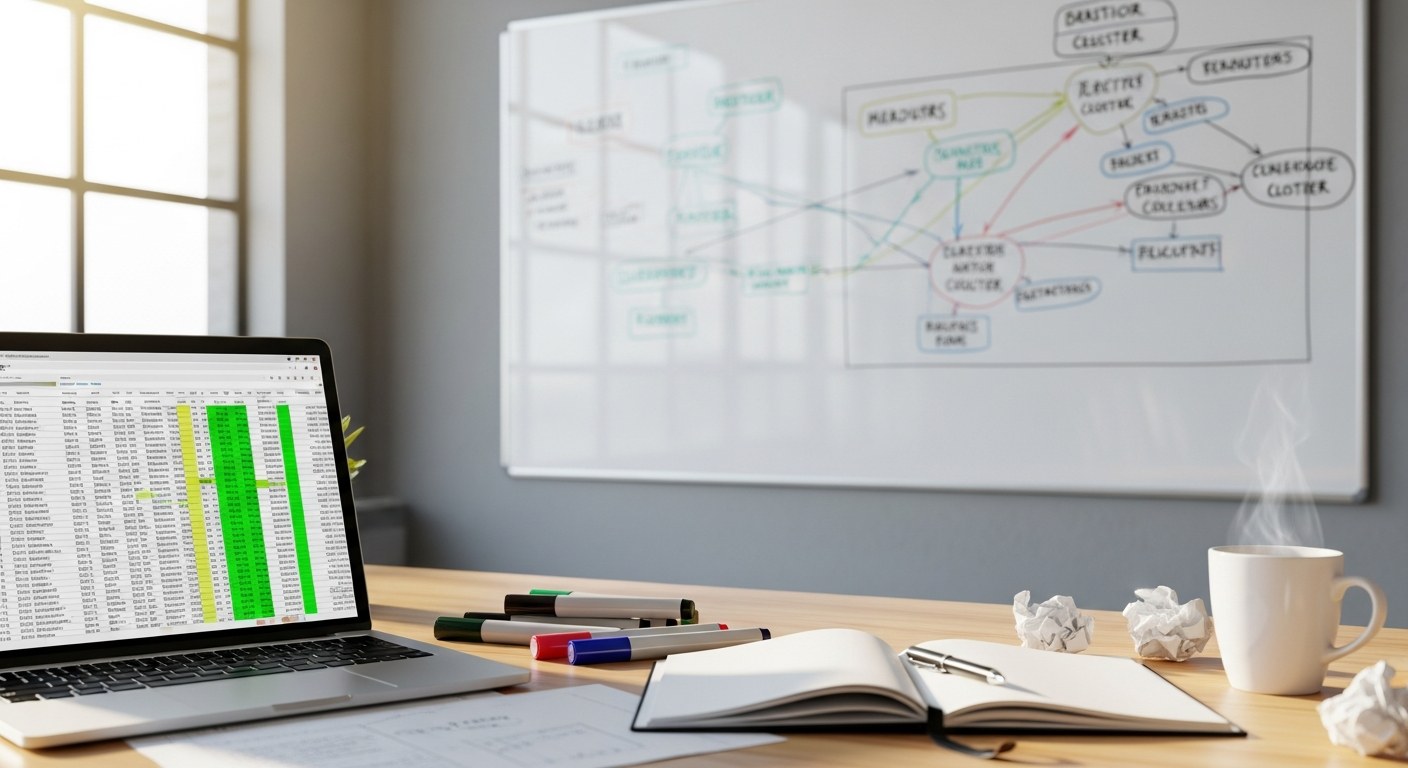 A keyword research workspace in a sunlit Perth office. A whiteboard in the background is covered with a hand-drawn keyword cluster mind map, with topics connected by lines and grouped into colour-coded zones. In the foreground, a laptop displays an abstract keyword spreadsheet with green-highlighted opportunity columns. Beside the laptop: a fan of coloured marker pens, an open notebook with a pen, a steaming coffee mug, and a few crumpled paper drafts.
