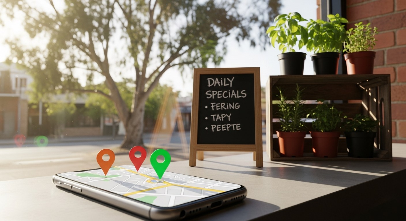 A Perth small business storefront viewed from the street through a sunlit window. A modern smartphone in the foreground displays an abstract Google Maps style local pack with three nearby business pins and a green location marker hovering over the central one. A chalkboard sign with day specials and a wooden crate of potted herbs sit beside the phone. A brick wall and eucalyptus tree are softly blurred in the background.