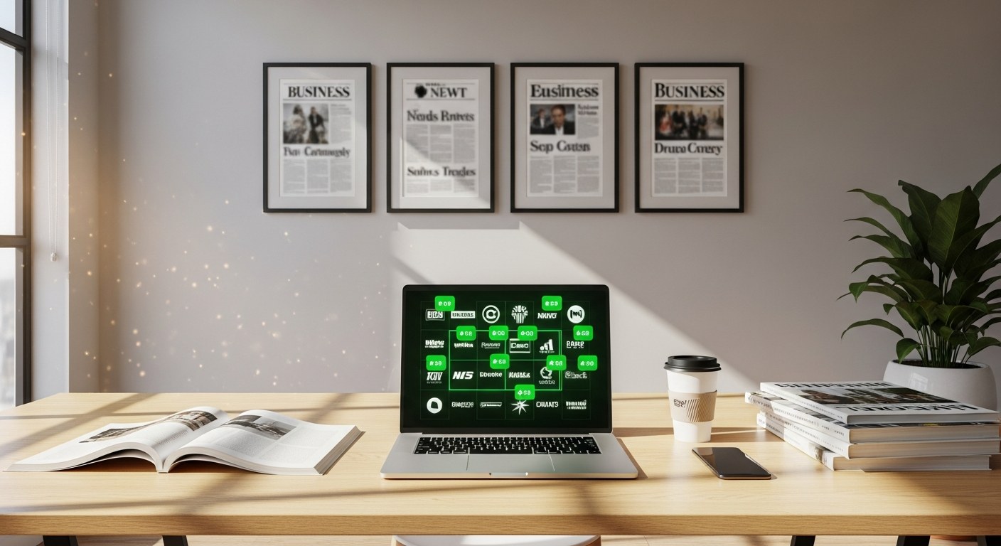 A digital PR and editorial workspace in a sunlit Australian office. A laptop on the desk displays an abstract grid of trusted publication logos with green check marks indicating successful media placements. Beside the laptop: an open magazine, a stack of trade publications, a smartphone, and a takeaway coffee. Four framed front pages of business publications hang on the wall behind the desk.