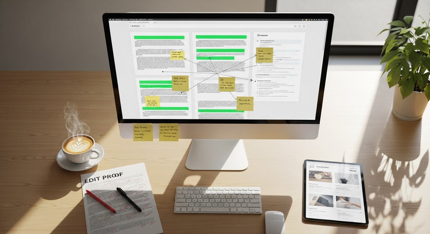 A content editor's sunlit workspace shot from above. A large monitor displays an abstract webpage mock-up with green-highlighted text blocks and yellow sticky-note callouts pointing at specific paragraphs. To the left, a printed page proof marked up with red pen edits sits beside a flat white in a ceramic cup. To the right, a tablet shows a search engine result preview card. Light wooden desk, a leafy plant in the corner, natural morning daylight.