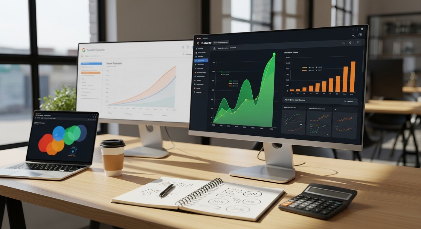 An SEO analyst's workspace in a sunlit Australian office. A large 4K monitor displays an abstract analytics dashboard with multiple coloured trend-line charts showing rising green growth curves and orange comparison bars. A second monitor shows an abstract Search Console style report with a bar chart and impression curves. Beside the monitors: a notebook with hand-drawn data sketches and circled numbers, a calculator, an open laptop, and a takeaway coffee.