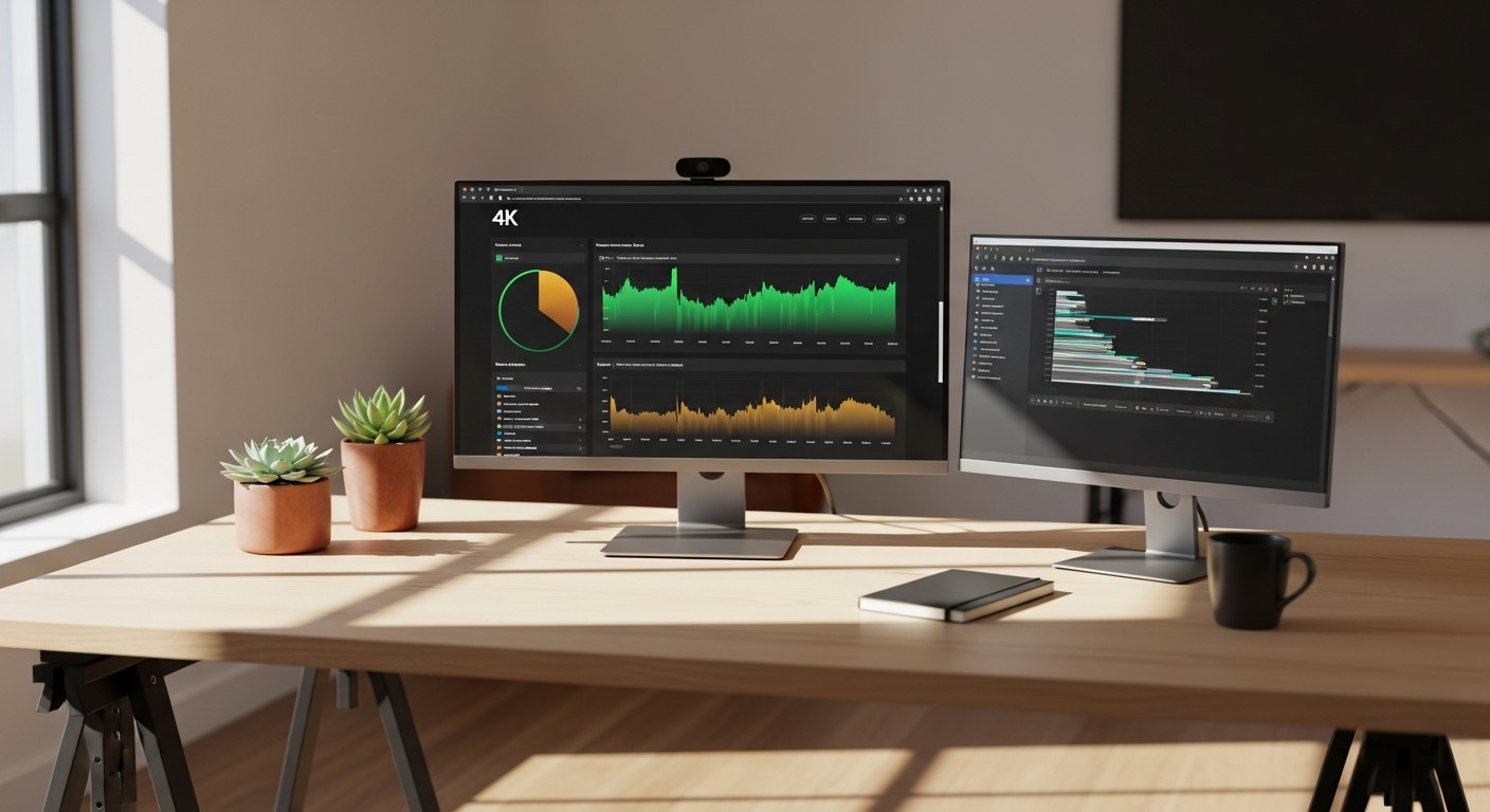 A modern Australian web developer's workspace with two monitors visible. The main 4K monitor shows a website performance dashboard with green and amber data visualisations; the secondary monitor displays browser developer tools and a network waterfall chart. Natural morning light from a window on the left falls across a light-oak desk holding a notebook, a coffee mug, and two succulents in terracotta pots.