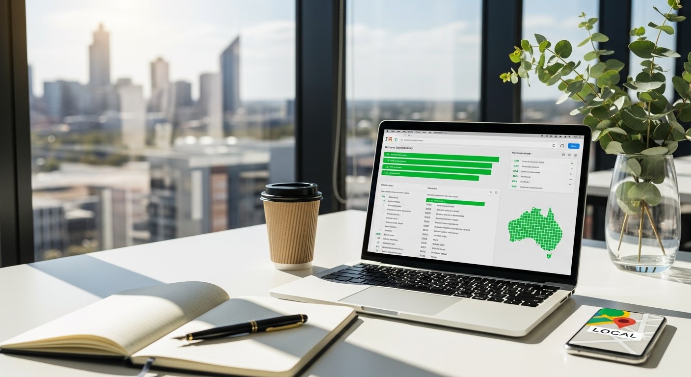 A sunlit window-side desk in a Perth office with the city skyline blurred through floor-to-ceiling glass. A laptop displays an abstract search engine results page with green ranking bars and a stylised map of Australia. Beside the laptop: a takeaway coffee cup, a notebook with a fountain pen, eucalyptus leaves in a clear glass vase, and a smartphone showing a Google Maps style local pin.